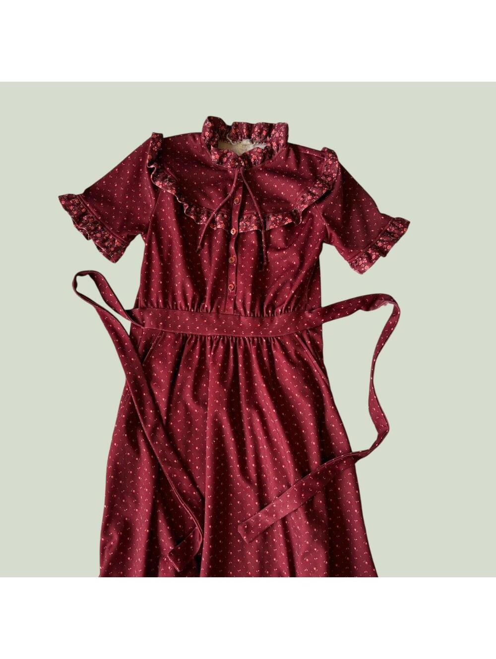 Red 70s ditsy floral prairie midi dress